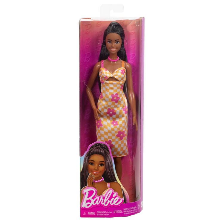 Produktbild: Barbie Fashionista Puppe im pink-orangenen Karokleid