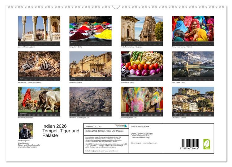 Produktbild: Indien 2026 Tempel, Tiger und Pal&auml;ste (hochwertiger Premium Wandkalender 2026 DIN A2 quer), Kunstdruck in Hochglanz