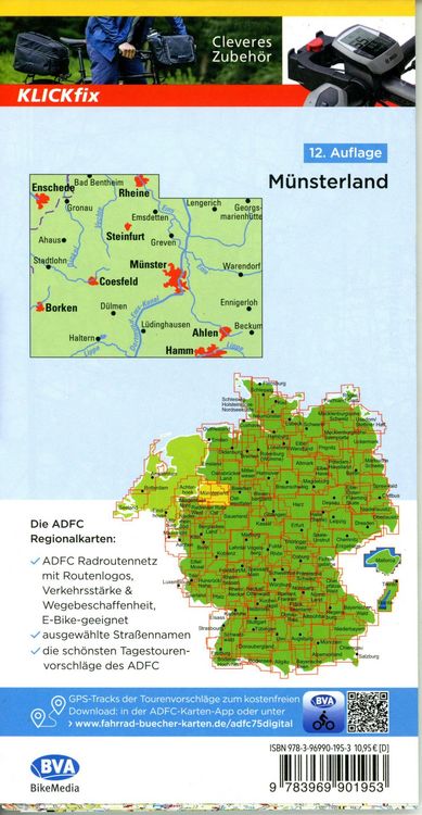 Produktbild: BVA ADFC Regionalkarte M&uuml;nsterland, mit Knotenpunkten 1:75.000