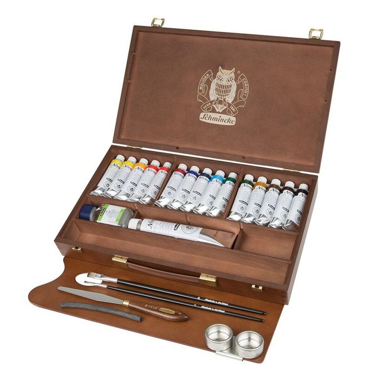 Produktbild: Schmincke Norma Professional &Ouml;lfarben, Holzkasten, 15 x 35 ml + Weiss 120 ml + Zubeh&ouml;r