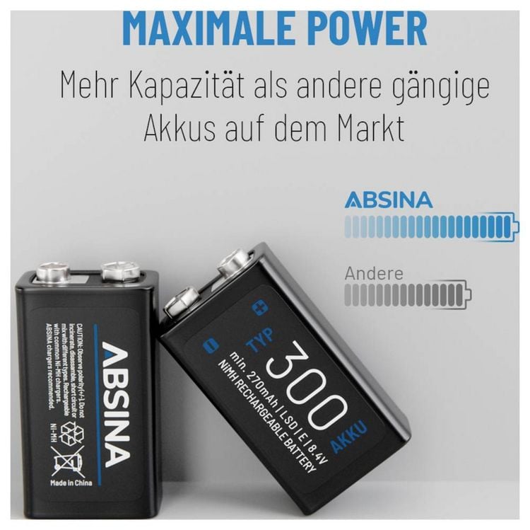 Produktbild: Absina 300 9V Block-Akku NiMH 270 mAh 8.4V 1St.