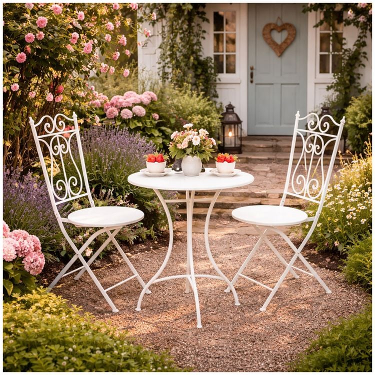 Produktbild: HTI-Living Bistro Sitzgruppe Metall Creme Tisch mit 2 St&uuml;hlen Balkon Set Gartenm&ouml;bel