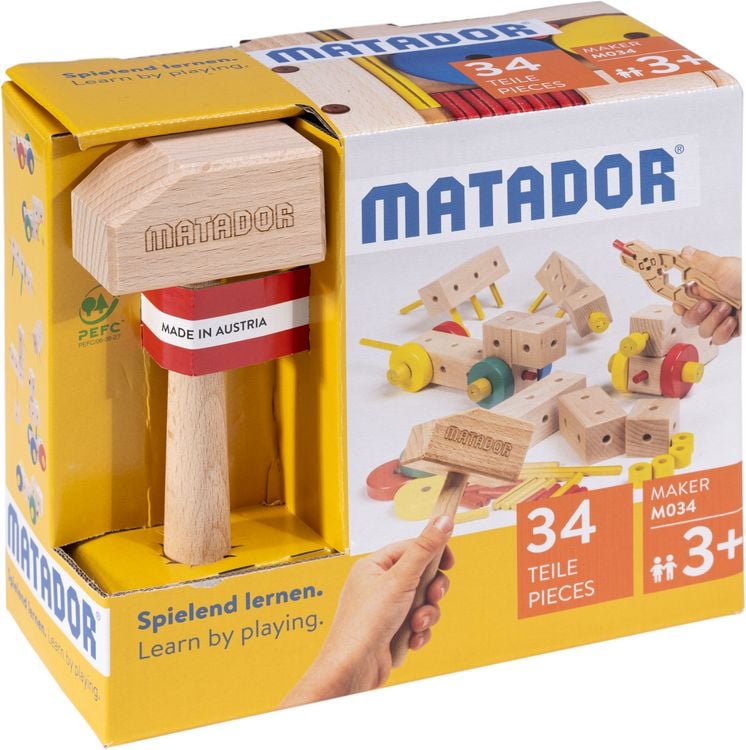 Produktbild: MATADOR 21034 - Maker M034, Baukasten, Holz, 34 Teile, Konstruktionsbaukasten-Einstiegskasten, ab 3 Jahren, Spielend lernen!
