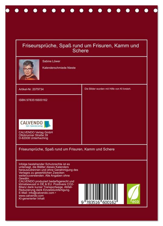 Produktbild: Friseurspr&uuml;che, Spa&szlig; rund um Frisuren, Kamm und Schere (Tischkalender 2026 DIN A5 hoch), CALVENDO Monatskalender