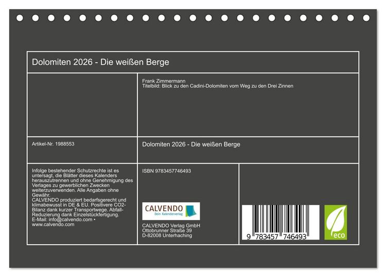Produktbild: Dolomiten 2026 - Die wei&szlig;en Berge (Tischkalender 2026 DIN A5 quer), CALVENDO Monatskalender