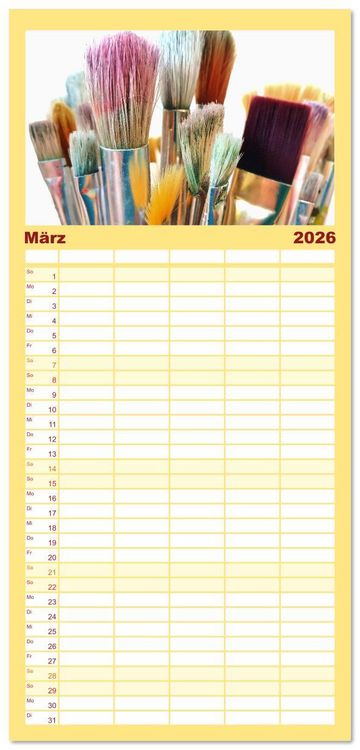 Produktbild: Familienplaner 2026 - Atelierimpressionen - Des K&uuml;nstlers Handwerkzeug im Portrait mit 5 Spalten (Wandkalender, 21 x 45 cm) CALVENDO