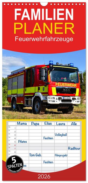 Produktbild: Familienplaner 2026 - Feuerwehrfahrzeuge mit 5 Spalten (Wandkalender, 21 x 45 cm) CALVENDO