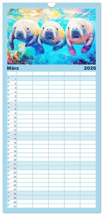 Produktbild: Familienplaner 2026 - Manatee Paintings. Rundschwanzseek&uuml;he im &Ouml;lgem&auml;lde-Stil mit 5 Spalten (Wandkalender, 21 x 45 cm) CALVENDO