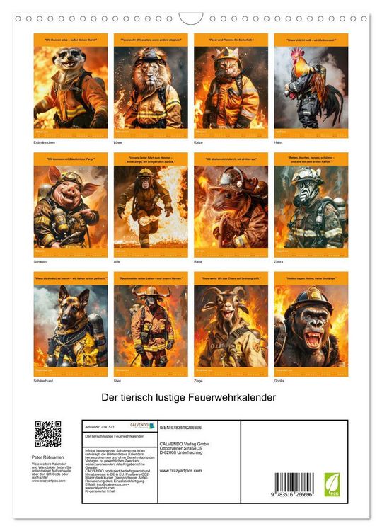 Produktbild: Der tierisch lustige Feuerwehrkalender (Wandkalender 2026 DIN A3 hoch), CALVENDO Monatskalender