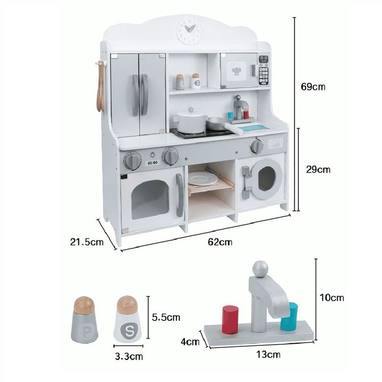 Bino 83737 - Kinderküche mit Waschmaschine und Zubehör, Spielküche, weiß-grau, Holz, 12-teilig, Höhe: 69 cm