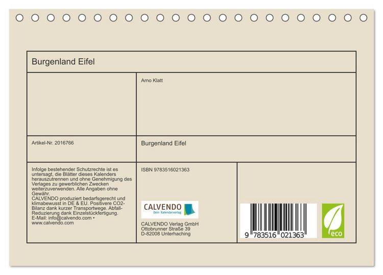 Produktbild: Burgenland Eifel (Tischkalender 2026 DIN A5 quer), CALVENDO Monatskalender