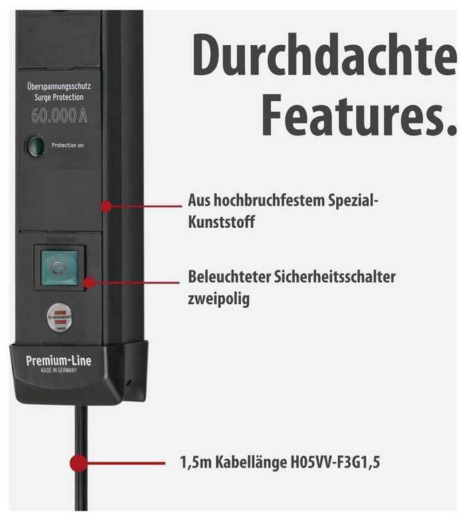 Produktbild: Brennenstuhl 1951140300 &Uuml;berspannungsschutz-Steckdosenleiste Schwarz Schutzkontakt 1 St.