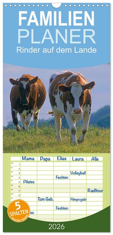 Produktbild: Familienplaner 2026 - Rinder auf dem Lande mit 5 Spalten (Wandkalender, 21 x 45 cm) CALVENDO
