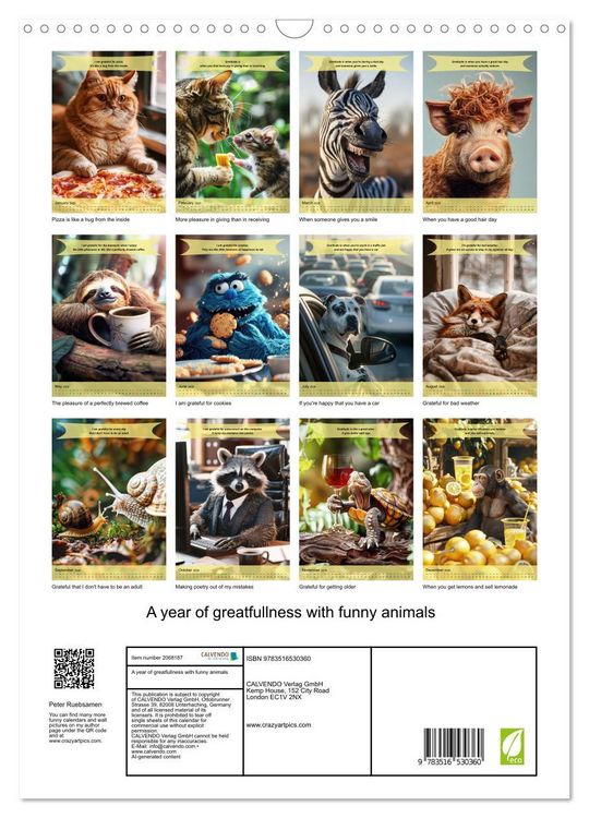 Produktbild: A year of greatfullness with funny animals (Wall Calendar 2026 DIN A3 portrait), CALVENDO 12 Month Wall Calendar