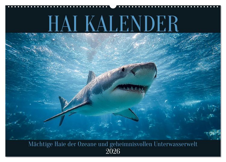 Produktbild: Hai Kalender - M&auml;chtige Haie der Ozeane und geheimnisvollen Unterwasserwelt (Wandkalender 2026 DIN A2 quer), CALVENDO Monatskalender