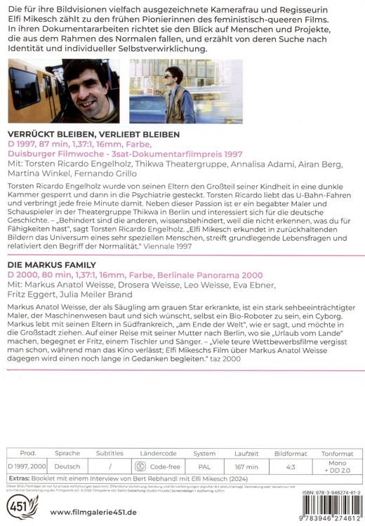 Produktbild: Elfi Mikesch: Dokumentarfilme Vol. 2 (2 Filme auf 1 DVD) Verr&uuml;ckt bleiben, verliebt bleiben / Die Markus Family