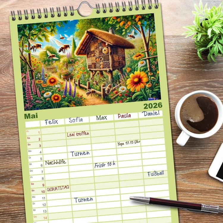 Produktbild: Familienplaner 2026 - Tiere im Garten - Tierische Begegnungen in der gr&uuml;nen Oase mit 5 Spalten (Wandkalender, 21 x 45 cm) CALVENDO
