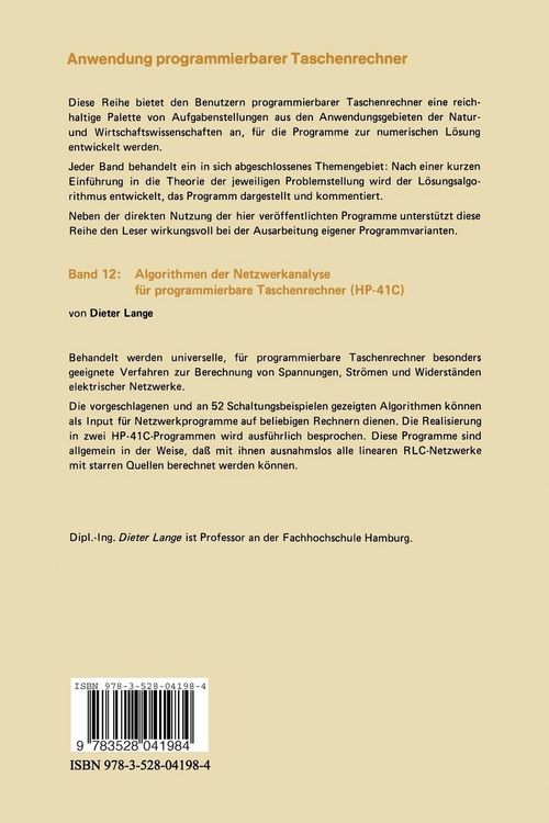 Produktbild: Algorithmen der Netzwerkanalyse f&uuml;r programmierbare Taschenrechner (HP-41C)