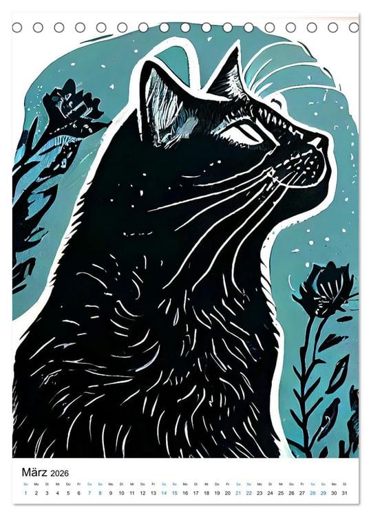 Produktbild: Katzen Linolschnitt - Der Kalender mit kunstvollen Portr&auml;ts der Samtpfoten (Tischkalender 2026 DIN A5 hoch), CALVENDO Monatskalender