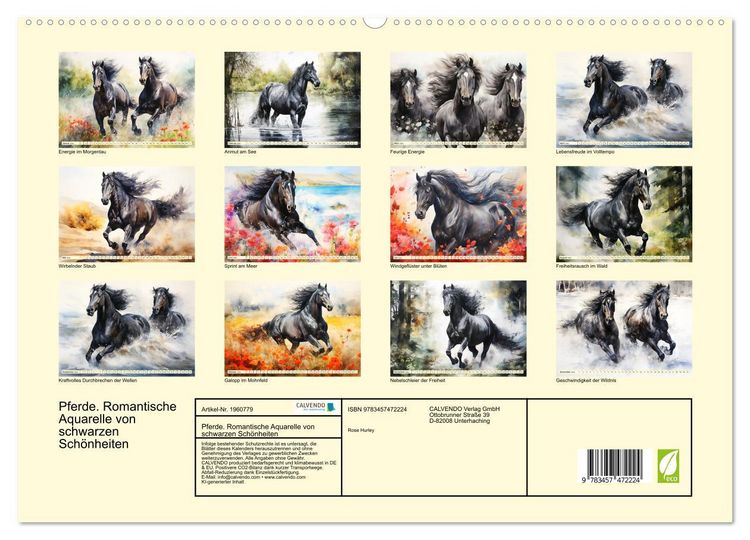 Produktbild: Pferde. Romantische Aquarelle von schwarzen Sch&ouml;nheiten (hochwertiger Premium Wandkalender 2026 DIN A2 quer), Kunstdruck in Hochglanz