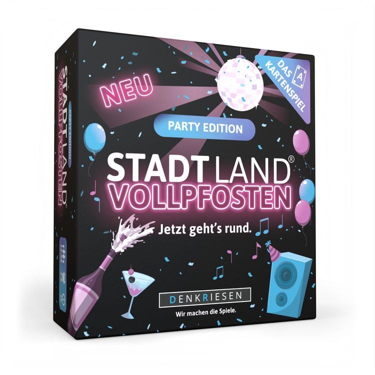Produktbild: DENKRIESEN - STADT LAND VOLLPFOSTEN&reg; &ndash; Das Kartenspiel &ndash; PARTY EDITION "Jetzt geht's rund."
