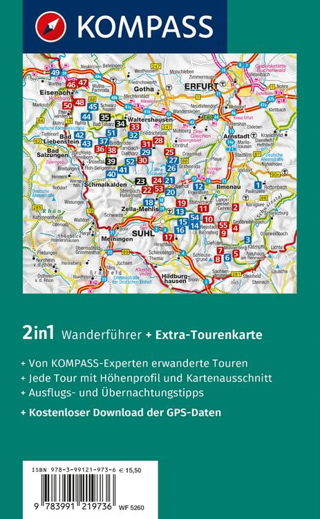 Produktbild: KOMPASS Wanderf&uuml;hrer Th&uuml;ringer Wald mit Rennsteigtouren, 55 Touren mit Extra-Tourenkarte