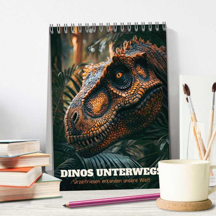 Produktbild: Dinos unterwegs: Urzeitriesen erkunden unsere Welt (Tischkalender 2026 DIN A5 hoch), CALVENDO Monatskalender