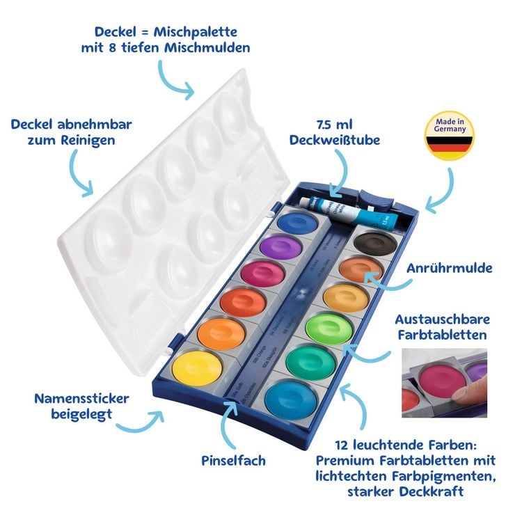Produktbild: Pelikan Deckfarbkasten K12, 12 Farben und 1 Tube Deckwei&szlig;