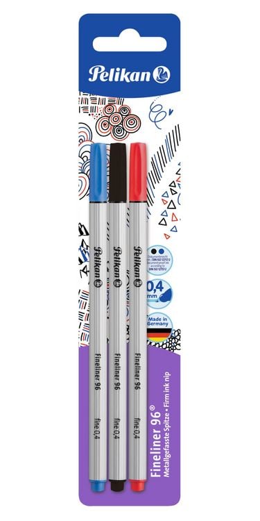 Produktbild: Pelikan Fineliner 96&reg;, in den Farben Schwarz, Blau, Rot, 3er Set