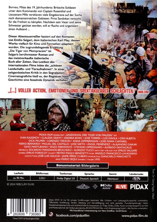 Produktbild: Sandokan - Der Tiger von Malesia (Los Tigres de Mompracem) / Spannender Abenteuerfilm nach dem ber&uuml;hmten Romanklassiker von Emilio Salgari (Pidax Film-Klassiker)