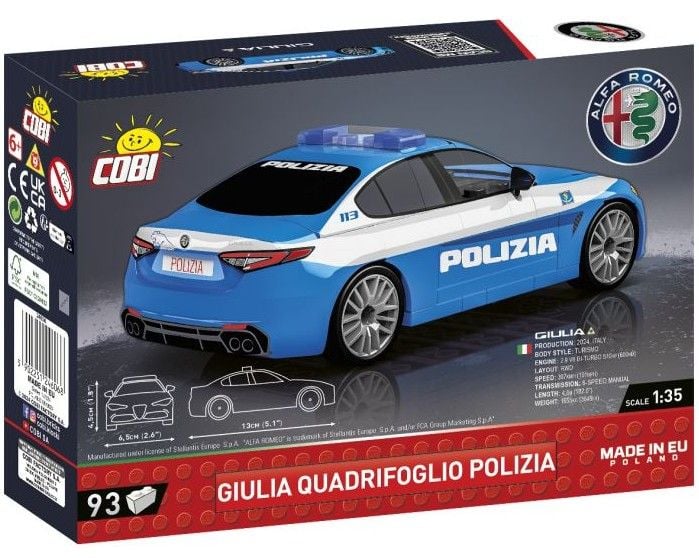 Produktbild: COBI 24606 - Alfa Romeo Giulia Quadrifoglio Polizia, Sportlimousine, Bausatz 1:35, 93 Klemmbausteine