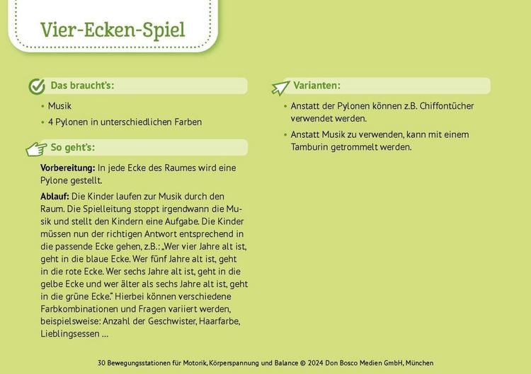 Produktbild: 30 Bewegungsstationen für Motorik, Körperspannung und Balance. Bildkarten für Kinder von 3 bis 8