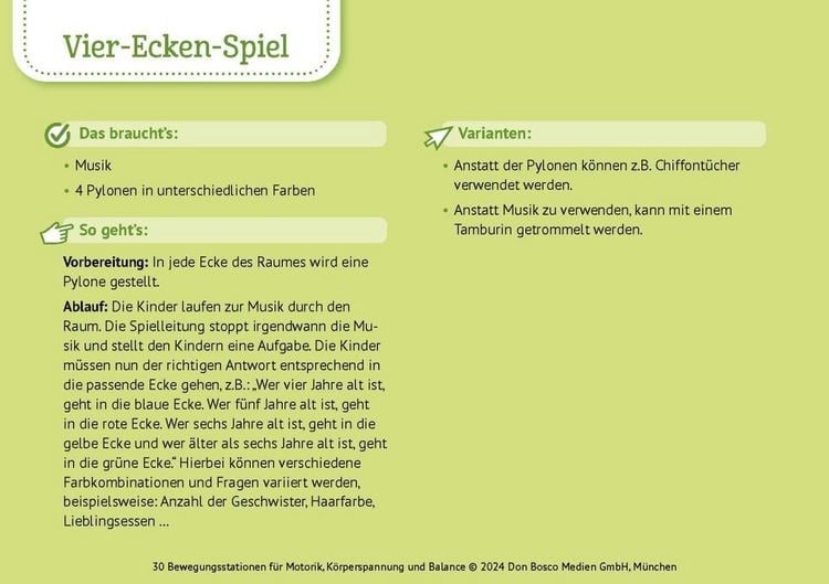 Produktbild: 30 Bewegungsstationen f&uuml;r Motorik, K&ouml;rperspannung und Balance. Bildkarten f&uuml;r Kinder von 3 bis 8