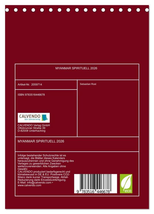 Produktbild: MYANMAR SPIRITUELL 2026 (Tischkalender 2026 DIN A5 hoch), CALVENDO Monatskalender