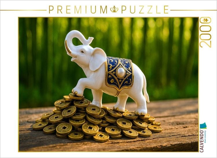 Produktbild: CALVENDO Puzzle Elefant mit M&uuml;nzen - Weisheit, St&auml;rke und Gl&uuml;ck im Haus | 2000 Teile Lege-Gr&ouml;&szlig;e 90x67cm Foto-Puzzle f&uuml;r gl&uuml;ckliche Stunden