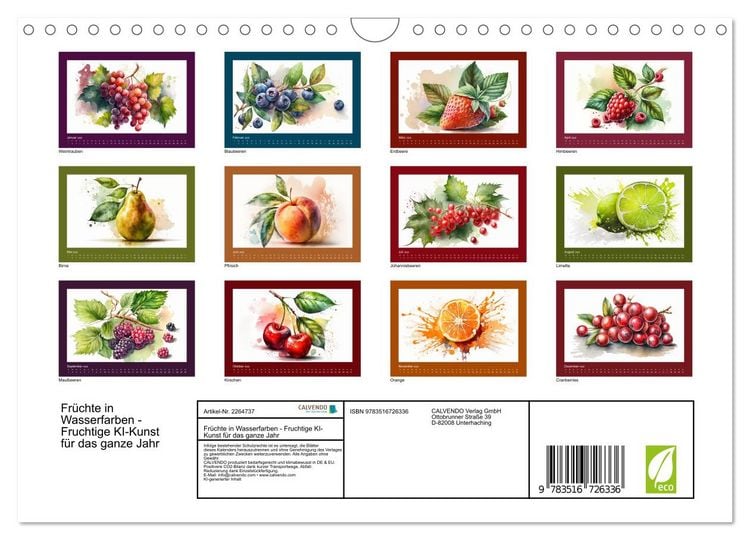 Produktbild: Fr&uuml;chte in Wasserfarben - Fruchtige KI-Kunst f&uuml;r das ganze Jahr (Wandkalender 2026 DIN A4 quer), CALVENDO Monatskalender