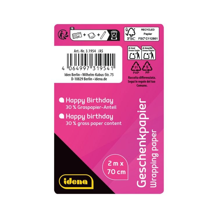 Produktbild: Idena Geschenkpapier Happy Birthday 70cmx2m Gras/Recycling