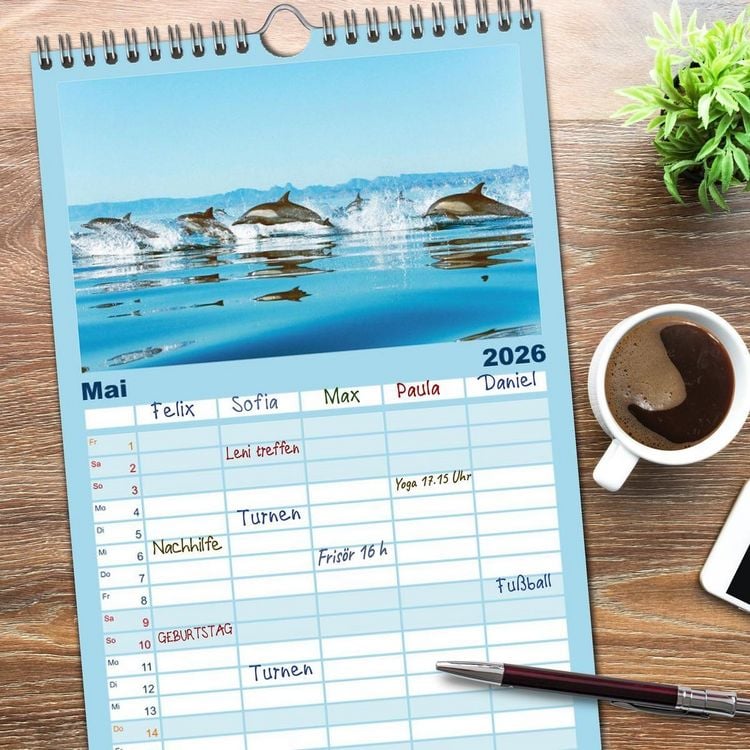 Produktbild: Familienplaner 2026 - Delfine: Elegante Wellenreiter mit 5 Spalten (Wandkalender, 21 x 45 cm) CALVENDO