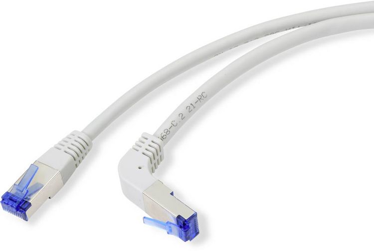 Produktbild: Renkforce RF-4892538 RJ45 Patchkabel CAT 6a S/FTP 10.00m Grau 90&deg; nach unten gewinkelt 1St.