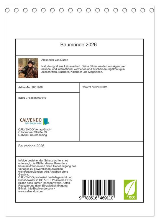 Produktbild: Baumrinde 2026 (Tischkalender 2026 DIN A5 hoch), CALVENDO Monatskalender