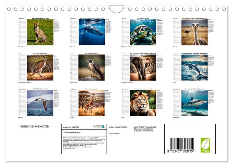 Produktbild: Tierische Rekorde (Wandkalender 2026 DIN A4 quer), CALVENDO Monatskalender