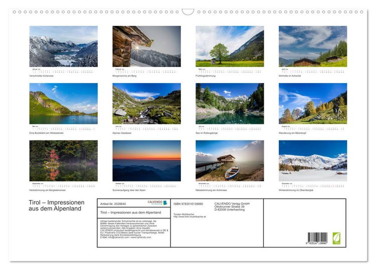 Produktbild: Tirol &ndash; Impressionen aus dem Alpenland (Wandkalender 2026 DIN A2 quer), CALVENDO Monatskalender