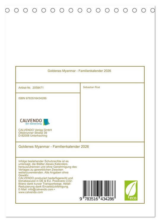 Produktbild: Goldenes Myanmar - Familienkalender 2026 (Tischkalender 2026 DIN A5 hoch), CALVENDO Monatskalender