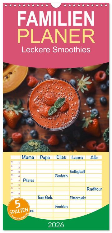 Produktbild: Familienplaner 2026 - Leckere Smoothies mit 5 Spalten (Wandkalender, 21 x 45 cm) CALVENDO