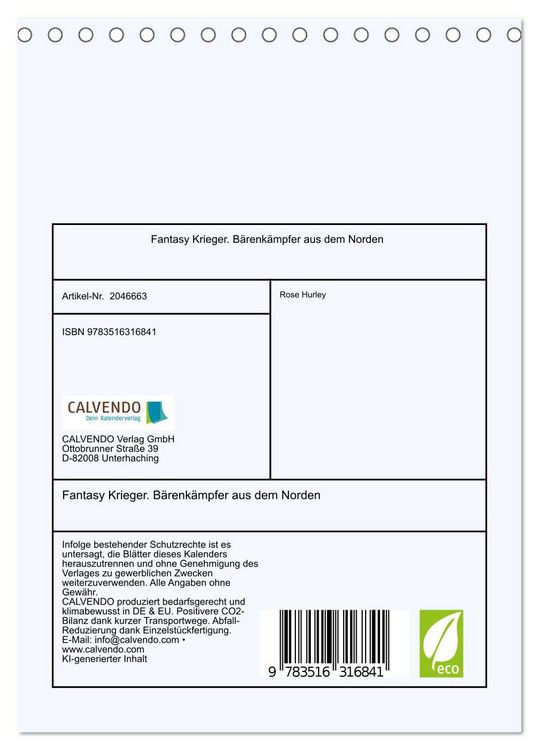Produktbild: Fantasy Krieger. B&auml;renk&auml;mpfer aus dem Norden (Tischkalender 2026 DIN A5 hoch), CALVENDO Monatskalender