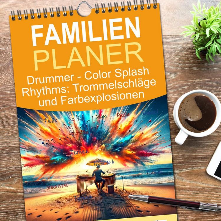 Produktbild: Familienplaner 2026 - Drummer - Color Splash Rhythms: Trommelschl&auml;ge und Farbexplosionen mit 5 Spalten (Wandkalender, 21 x 45 cm) CALVENDO