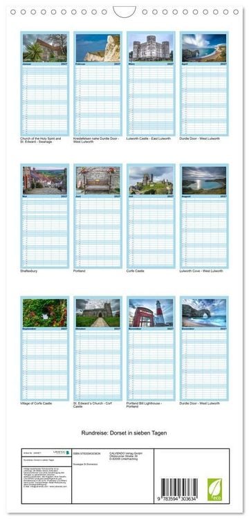 Produktbild: Familienplaner 2027 - Rundreise: Dorset in sieben Tagen mit 5 Spalten (Wandkalender, 21 x 45 cm) CALVENDO