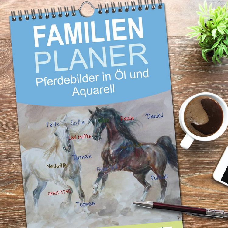 Produktbild: Familienplaner 2026 - Mit Pferden durch die Jahreszeiten - Pferdebilder in &Ouml;l und Aquarell mit 5 Spalten (Wandkalender, 21 x 45 cm) CALVENDO