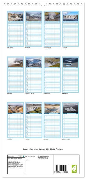 Produktbild: Familienplaner 2026 - Island - Gletscher, Wasserf&auml;lle, Hei&szlig;e Quellen mit 5 Spalten (Wandkalender, 21 x 45 cm) CALVENDO