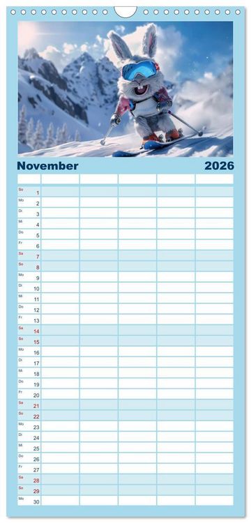 Produktbild: Familienplaner 2026 - Tierisch lustige Skifahrer mit 5 Spalten (Wandkalender, 21 x 45 cm) CALVENDO